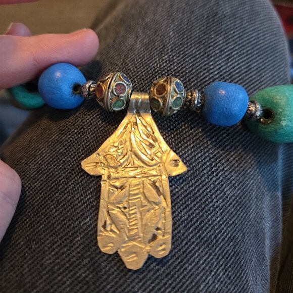 Moroccan Artisan Beaded Necklace with Hamsa Pendant - Picture 2 of 5